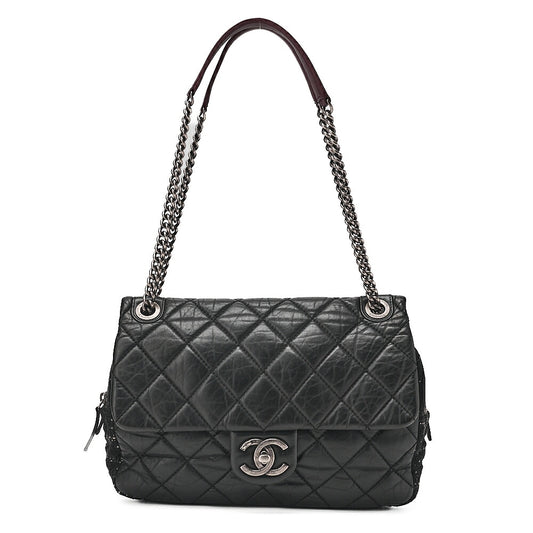 CHANEL Vintage Calf x Tweed Matelasse Single Chain Shoulder Bag Black Silver-Tone Hardware, Pre-Owned