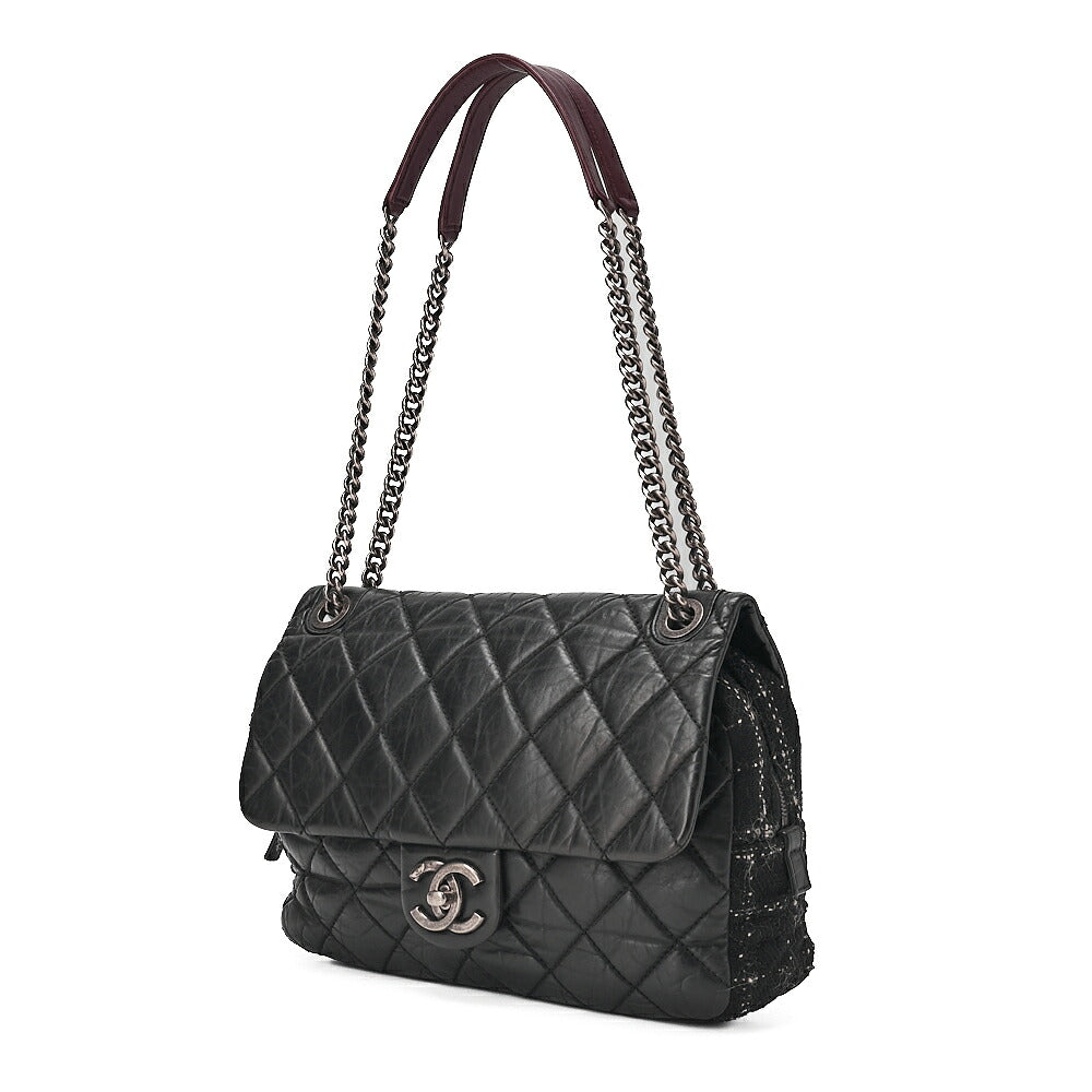 CHANEL Vintage Calf x Tweed Matelasse Single Chain Shoulder Bag Black Silver-Tone Hardware, Pre-Owned
