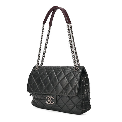 CHANEL Vintage Calf x Tweed Matelasse Single Chain Shoulder Bag Black Silver-Tone Hardware, Pre-Owned
