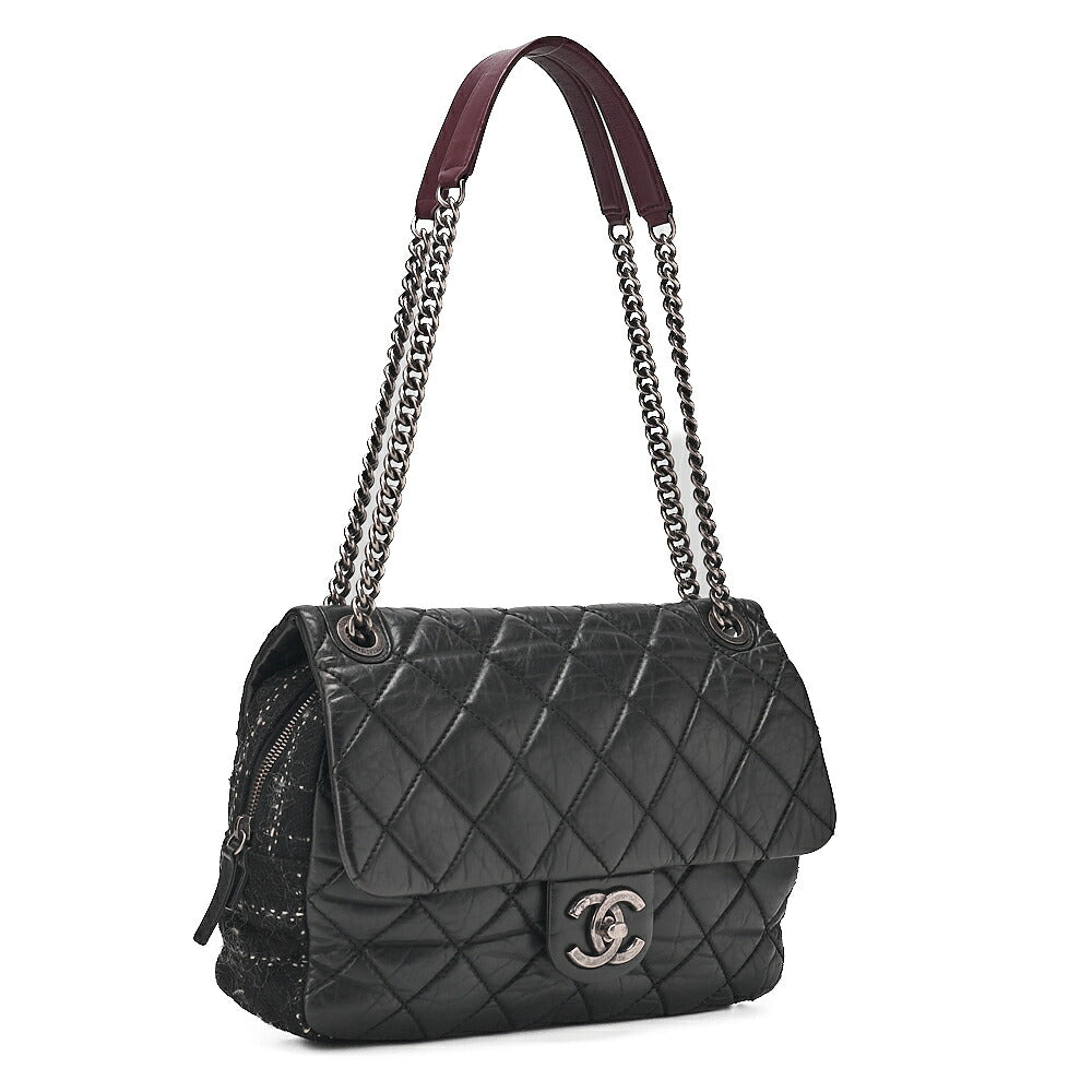 CHANEL Vintage Calf x Tweed Matelasse Single Chain Shoulder Bag Black Silver-Tone Hardware, Pre-Owned