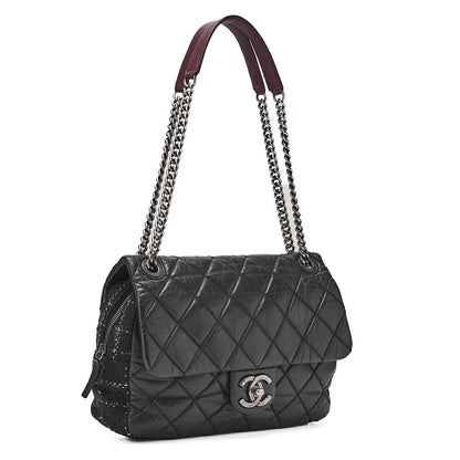 CHANEL Vintage Calf x Tweed Matelasse Single Chain Shoulder Bag Black Silver-Tone Hardware, Pre-Owned