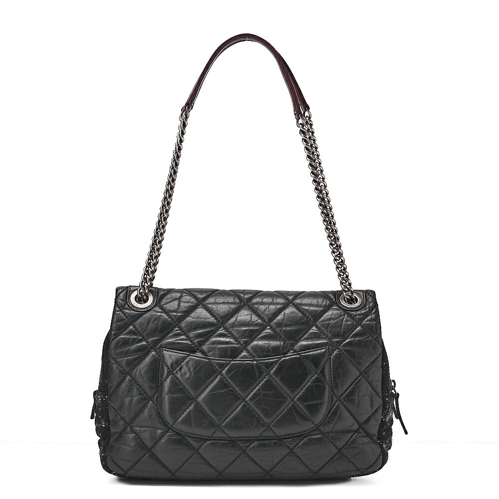 CHANEL Vintage Calf x Tweed Matelasse Single Chain Shoulder Bag Black Silver-Tone Hardware, Pre-Owned