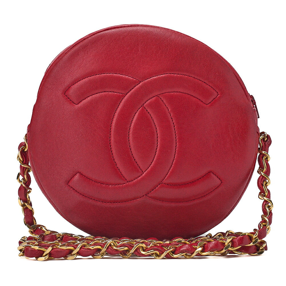 CHANEL Lambskin Coco Mark Round Chain Shoulder Red Gold-Tone Hardware, Pre-Owned