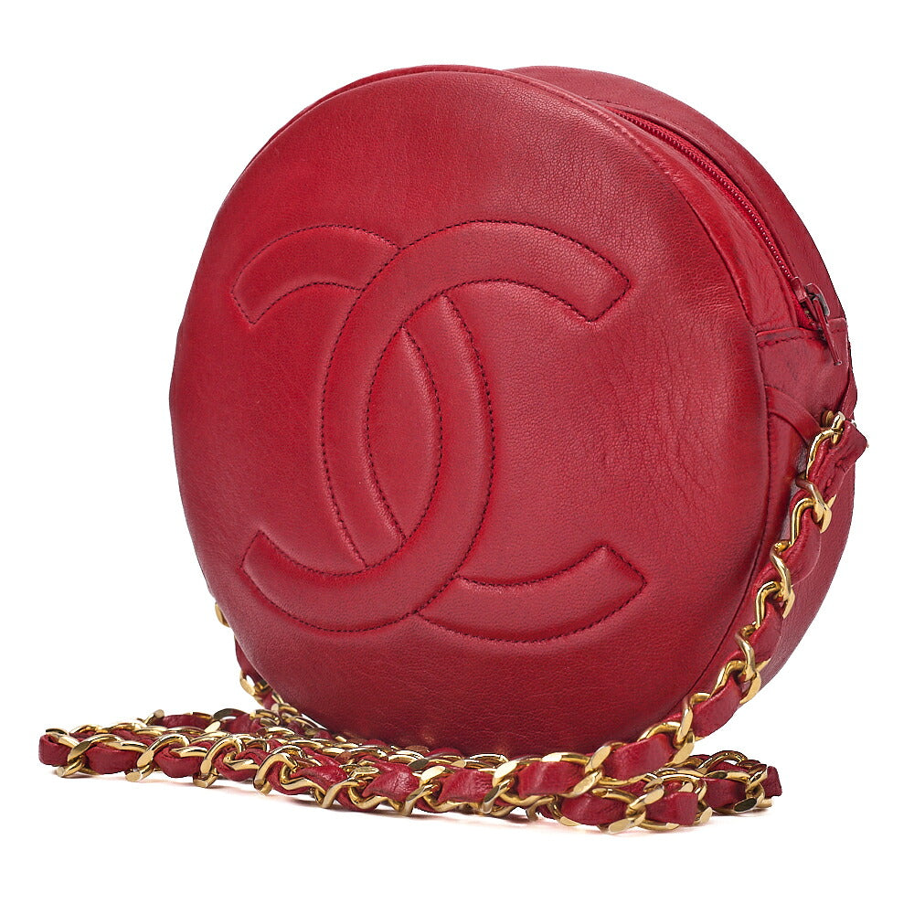 CHANEL Lambskin Coco Mark Round Chain Shoulder Red Gold-Tone Hardware, Pre-Owned