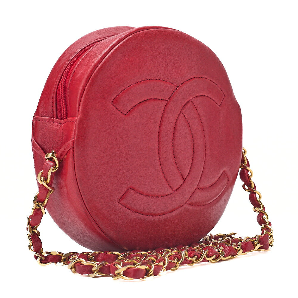 CHANEL Lambskin Coco Mark Round Chain Shoulder Red Gold-Tone Hardware, Pre-Owned