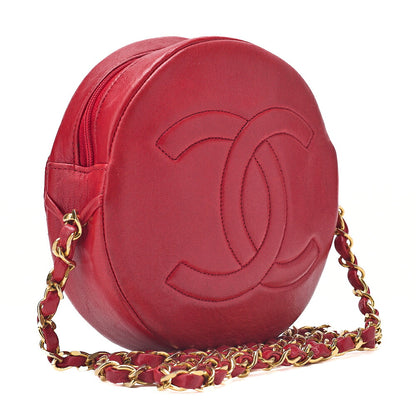 CHANEL Lambskin Coco Mark Round Chain Shoulder Red Gold-Tone Hardware, Pre-Owned