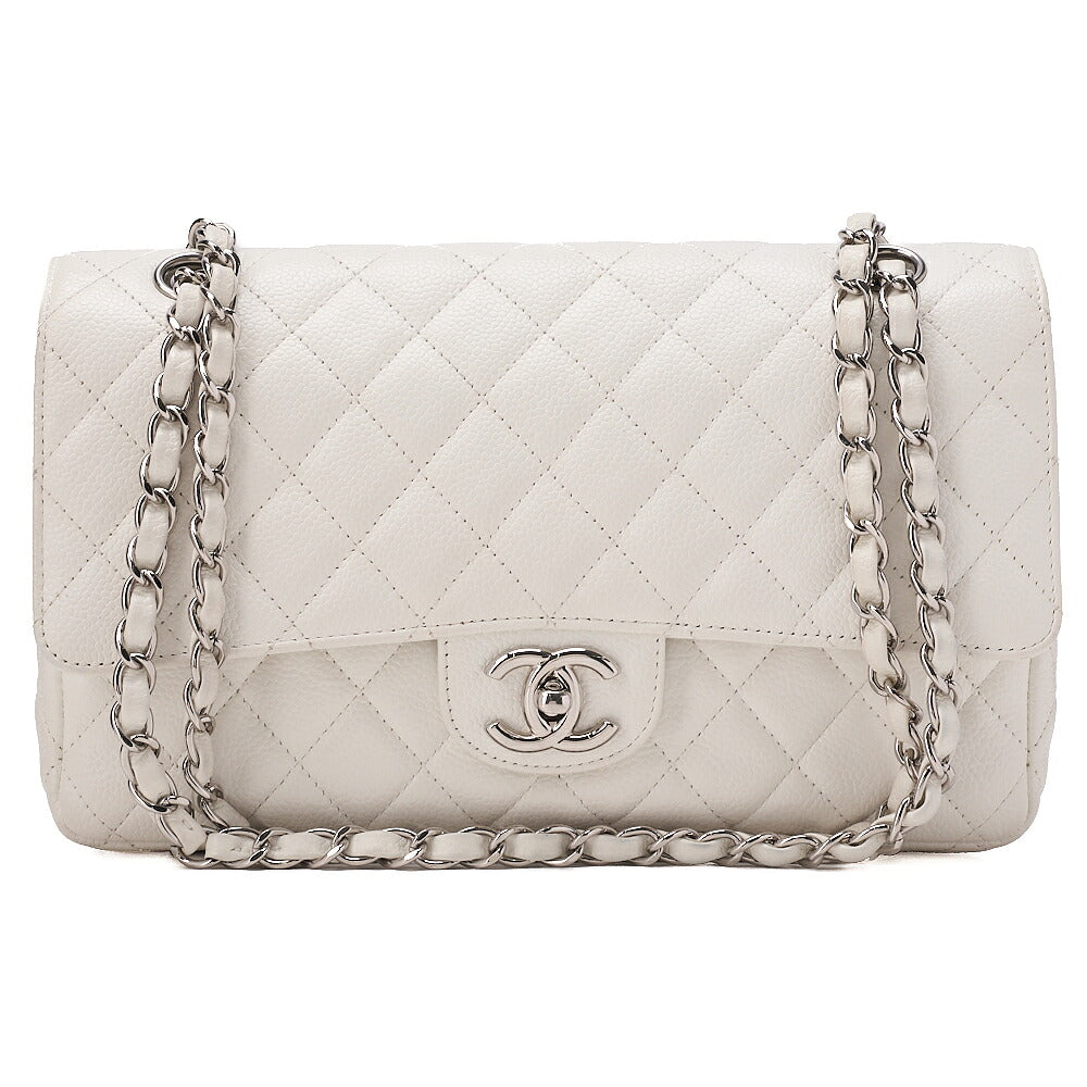 CHANEL Caviar Skin Matelasse 25cm Double Flap Chain Shoulder Bag White Silver-Tone Hardware, Pre-Owned