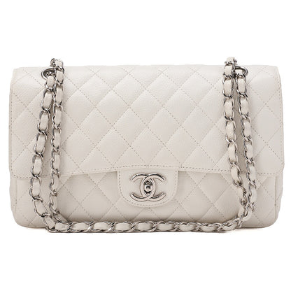 CHANEL Caviar Skin Matelasse 25cm Double Flap Chain Shoulder Bag White Silver-Tone Hardware, Pre-Owned