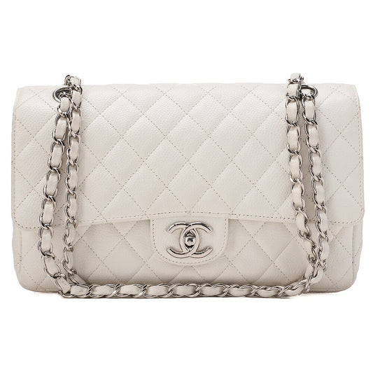 CHANEL Caviar Skin Matelasse 25cm Double Flap Chain Shoulder Bag White Silver-Tone Hardware, Pre-Owned