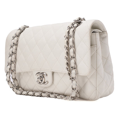 CHANEL Caviar Skin Matelasse 25cm Double Flap Chain Shoulder Bag White Silver-Tone Hardware, Pre-Owned