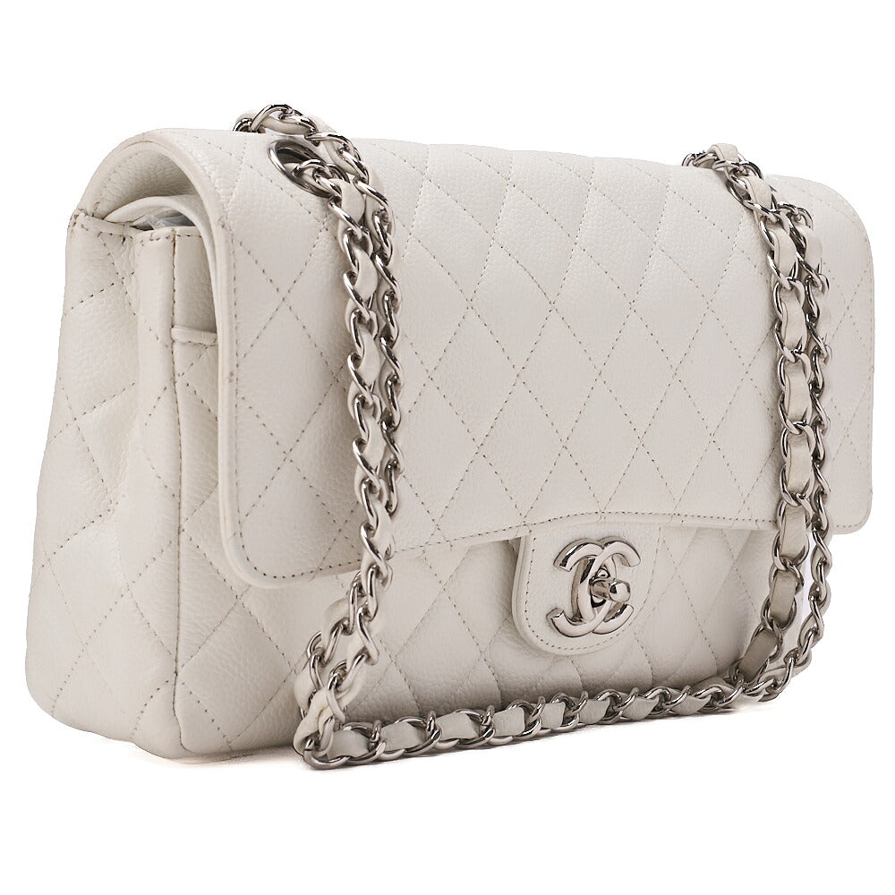 CHANEL Caviar Skin Matelasse 25cm Double Flap Chain Shoulder Bag White Silver-Tone Hardware, Pre-Owned