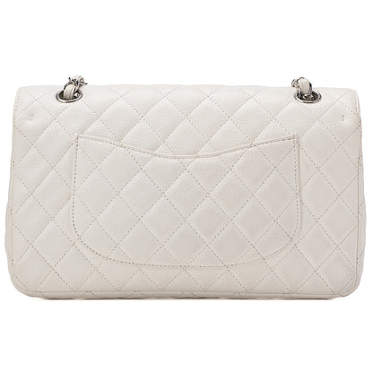 CHANEL Caviar Skin Matelasse 25cm Double Flap Chain Shoulder Bag White Silver-Tone Hardware, Pre-Owned