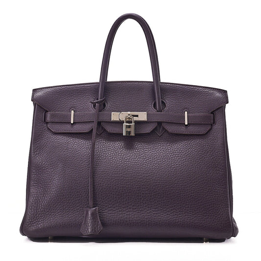 HERMES Herm?s Birkin 35 Handbag Taurillon Clemence Cassis Purple Silver-Tone Hardware, Pre-Owned