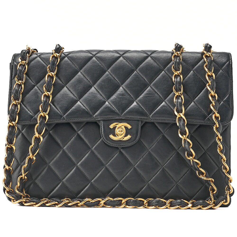 CHANEL Deka Matelasse 30 Chain Shoulder Bag Single Flap Lambskin Black Gold-Tone Hardware, Pre-Owned