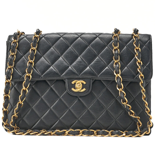CHANEL Deka Matelasse 30 Chain Shoulder Bag Single Flap Lambskin Black Gold-Tone Hardware, Pre-Owned