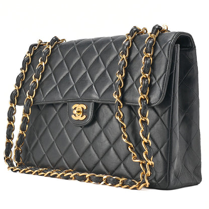 CHANEL Deka Matelasse 30 Chain Shoulder Bag Single Flap Lambskin Black Gold-Tone Hardware, Pre-Owned