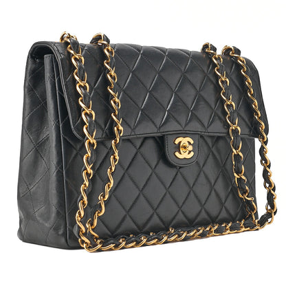 CHANEL Deka Matelasse 30 Chain Shoulder Bag Single Flap Lambskin Black Gold-Tone Hardware, Pre-Owned