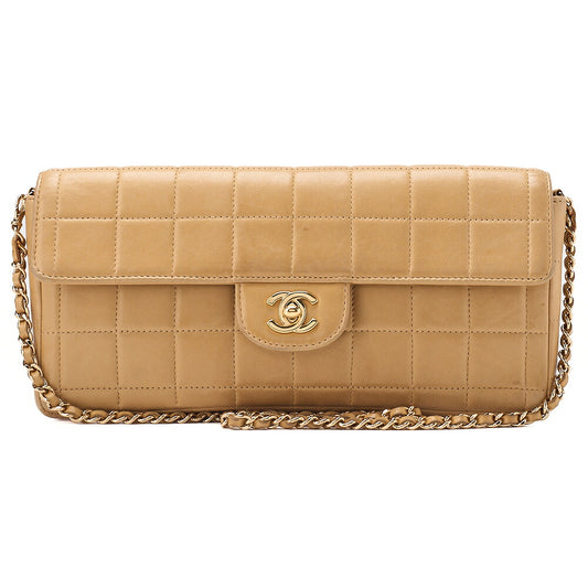 CHANEL Chocolate Bar Turn Lock Chain Shoulder Lambskin Beige Gold-Tone Hardware, Pre-Owned