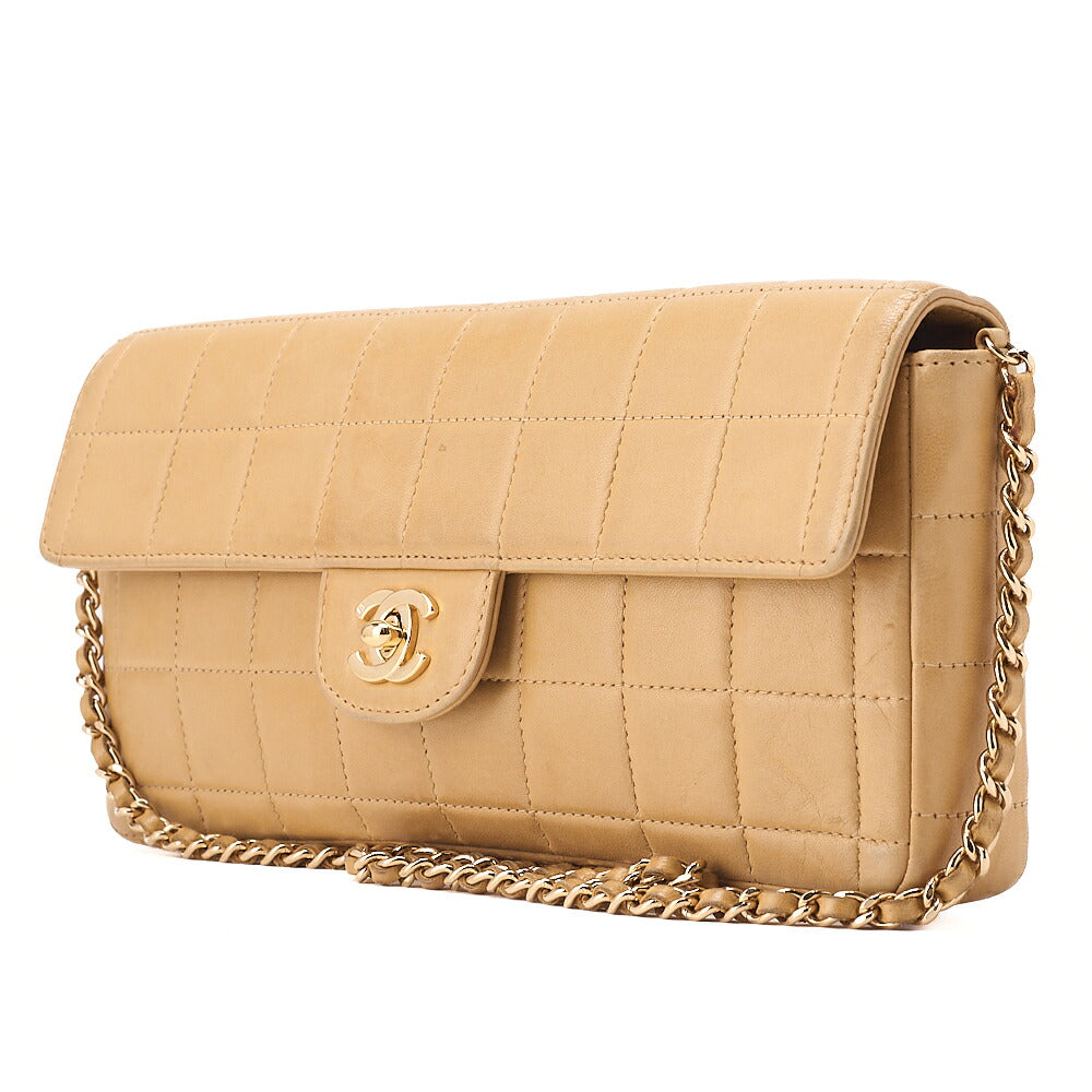 CHANEL Chocolate Bar Turn Lock Chain Shoulder Lambskin Beige Gold-Tone Hardware, Pre-Owned