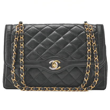 CHANEL Lambskin Matelasse 26cm Paris Limited Double Flap Shoulder Bag Black Gold-Tone Hardware, Pre-Owned