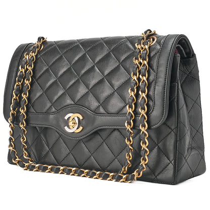 CHANEL Lambskin Matelasse 26cm Paris Limited Double Flap Shoulder Bag Black Gold-Tone Hardware, Pre-Owned