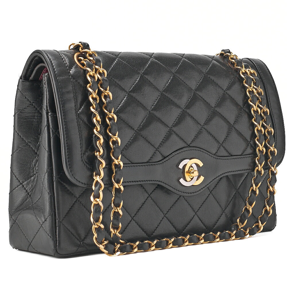 CHANEL Lambskin Matelasse 26cm Paris Limited Double Flap Shoulder Bag Black Gold-Tone Hardware, Pre-Owned