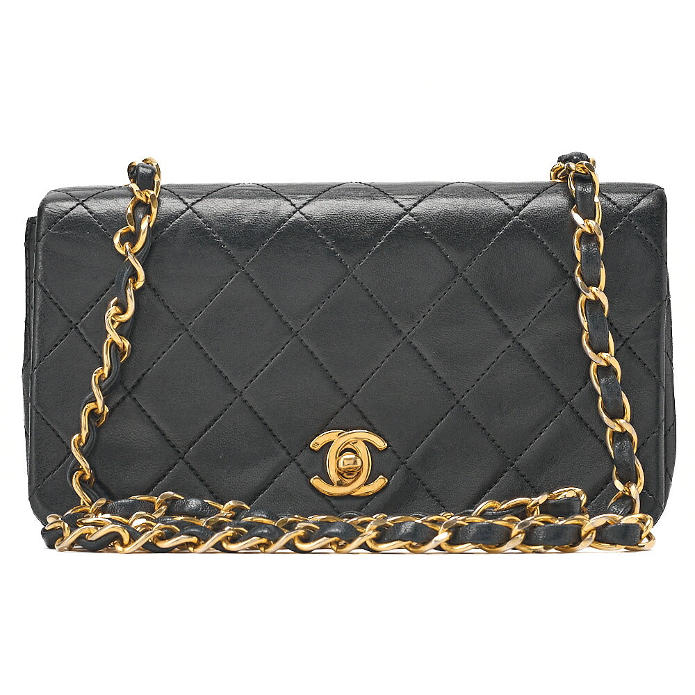 CHANEL Lambskin Matelasse Full Flap Turn Lock Chain Shoulder Black Gold-Tone Hardware, Pre-Owned