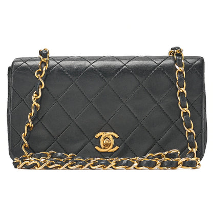 CHANEL Lambskin Matelasse Full Flap Turn Lock Chain Shoulder Black Gold-Tone Hardware, Pre-Owned