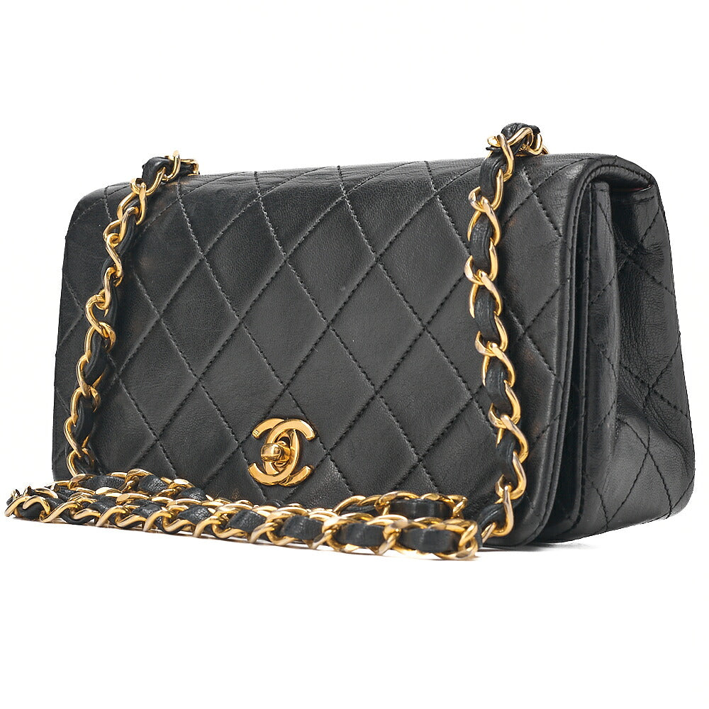 CHANEL Lambskin Matelasse Full Flap Turn Lock Chain Shoulder Black Gold-Tone Hardware, Pre-Owned