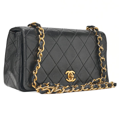 CHANEL Lambskin Matelasse Full Flap Turn Lock Chain Shoulder Black Gold-Tone Hardware, Pre-Owned