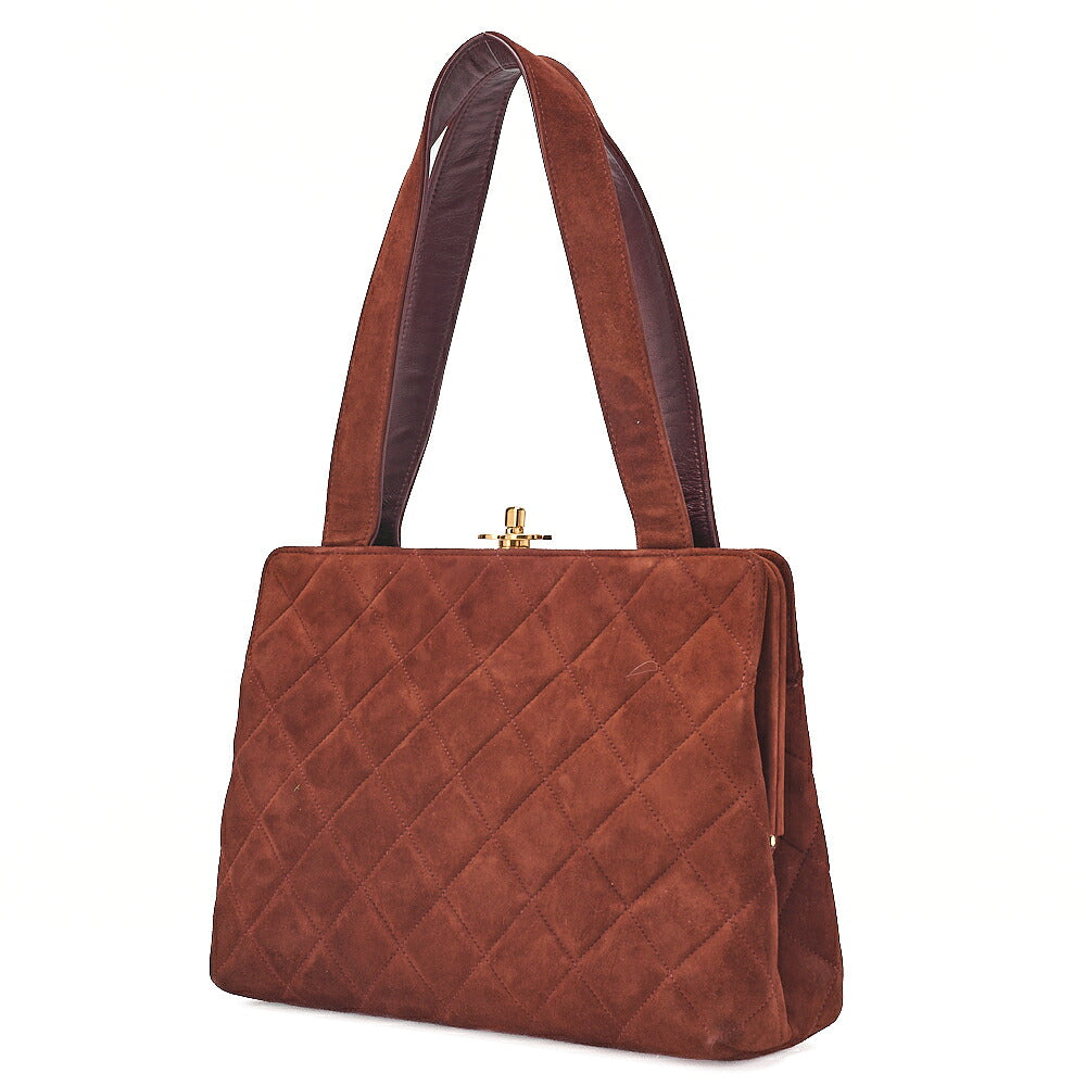 CHANEL Handbag Suede Matelasse Kiss Clasp Handbag Brown Gold-Tone Hardware, Pre-Owned