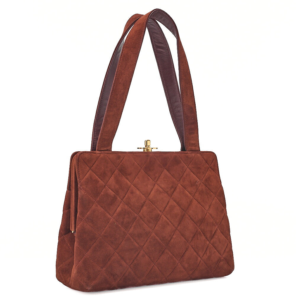CHANEL Handbag Suede Matelasse Kiss Clasp Handbag Brown Gold-Tone Hardware, Pre-Owned