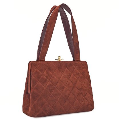 CHANEL Handbag Suede Matelasse Kiss Clasp Handbag Brown Gold-Tone Hardware, Pre-Owned