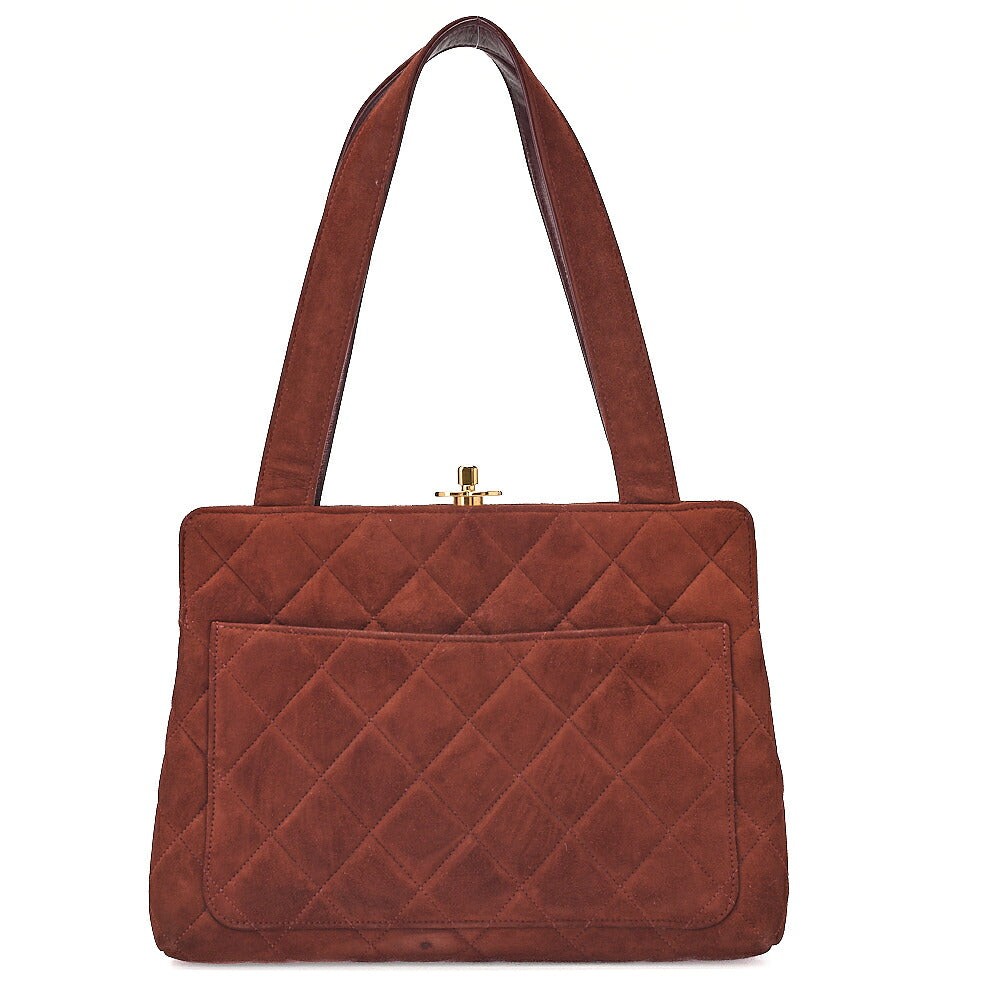 CHANEL Handbag Suede Matelasse Kiss Clasp Handbag Brown Gold-Tone Hardware, Pre-Owned
