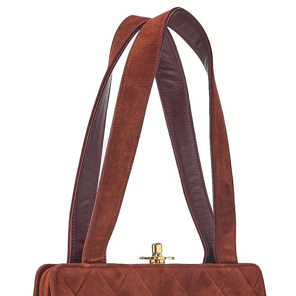 CHANEL Handbag Suede Matelasse Kiss Clasp Handbag Brown Gold-Tone Hardware, Pre-Owned