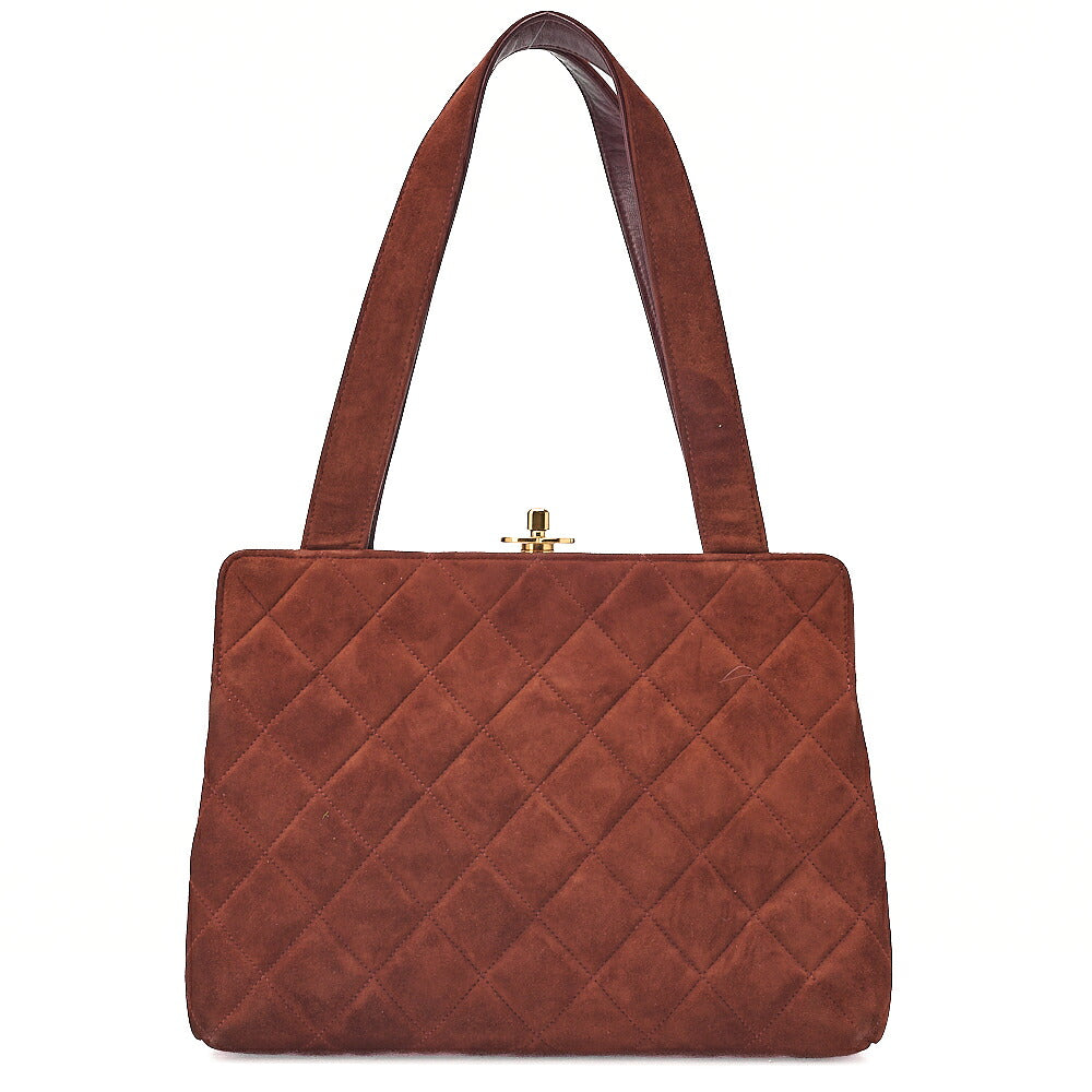 CHANEL Handbag Suede Matelasse Kiss Clasp Handbag Brown Gold-Tone Hardware, Pre-Owned