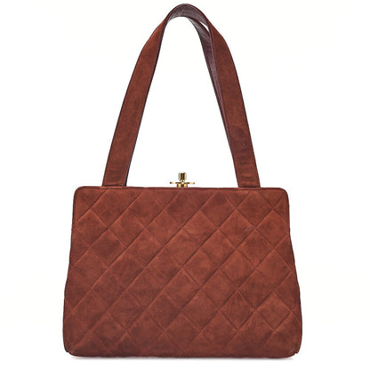 CHANEL Handbag Suede Matelasse Kiss Clasp Handbag Brown Gold-Tone Hardware, Pre-Owned