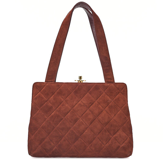 CHANEL Handbag Suede Matelasse Kiss Clasp Handbag Brown Gold-Tone Hardware, Pre-Owned