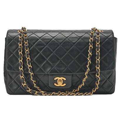 CHANEL Lambskin Matelasse Straight Design Flap with Pouch Chain Shoulder Black Gold-Tone Hardware, Pre-Owned