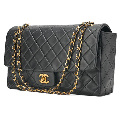 CHANEL Lambskin Matelasse Straight Design Flap with Pouch Chain Shoulder Black Gold-Tone Hardware, Pre-Owned