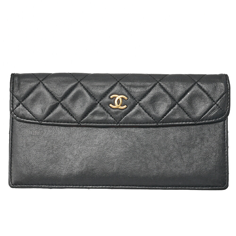 CHANEL Lambskin Matelasse Straight Design Flap with Pouch Chain Shoulder Black Gold-Tone Hardware, Pre-Owned
