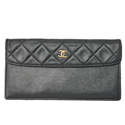 CHANEL Lambskin Matelasse Straight Design Flap with Pouch Chain Shoulder Black Gold-Tone Hardware, Pre-Owned