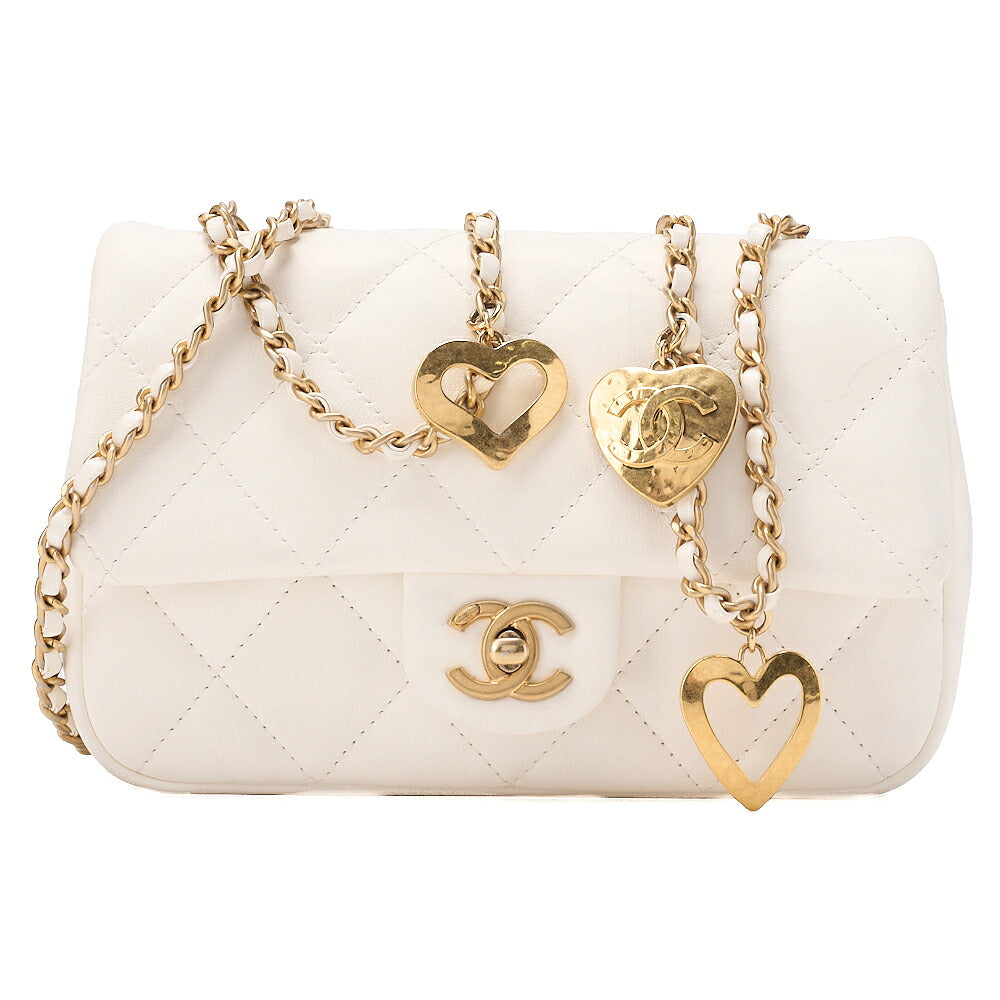 CHANEL Lambskin Minimatette with Heart Charm Chain Shoulder White Gold-Tone Hardware, Pre-Owned
