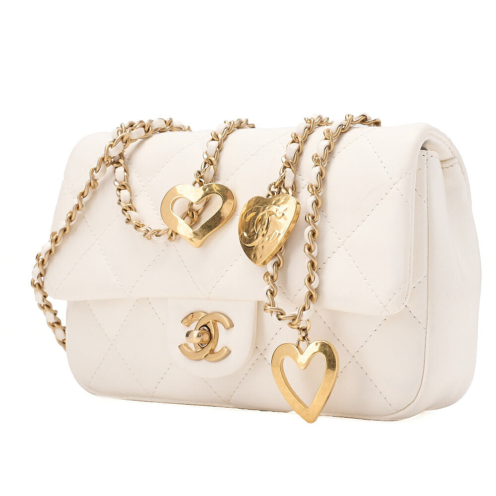 CHANEL Lambskin Minimatette with Heart Charm Chain Shoulder White Gold-Tone Hardware, Pre-Owned