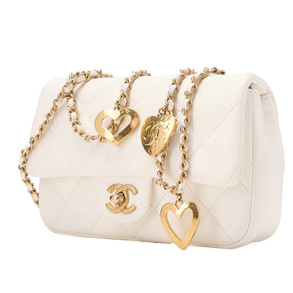 CHANEL Lambskin Minimatette with Heart Charm Chain Shoulder White Gold-Tone Hardware, Pre-Owned
