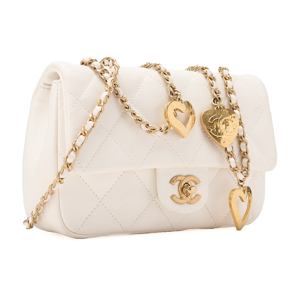 CHANEL Lambskin Minimatette with Heart Charm Chain Shoulder White Gold-Tone Hardware, Pre-Owned