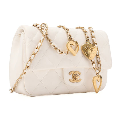 CHANEL Lambskin Minimatette with Heart Charm Chain Shoulder White Gold-Tone Hardware, Pre-Owned