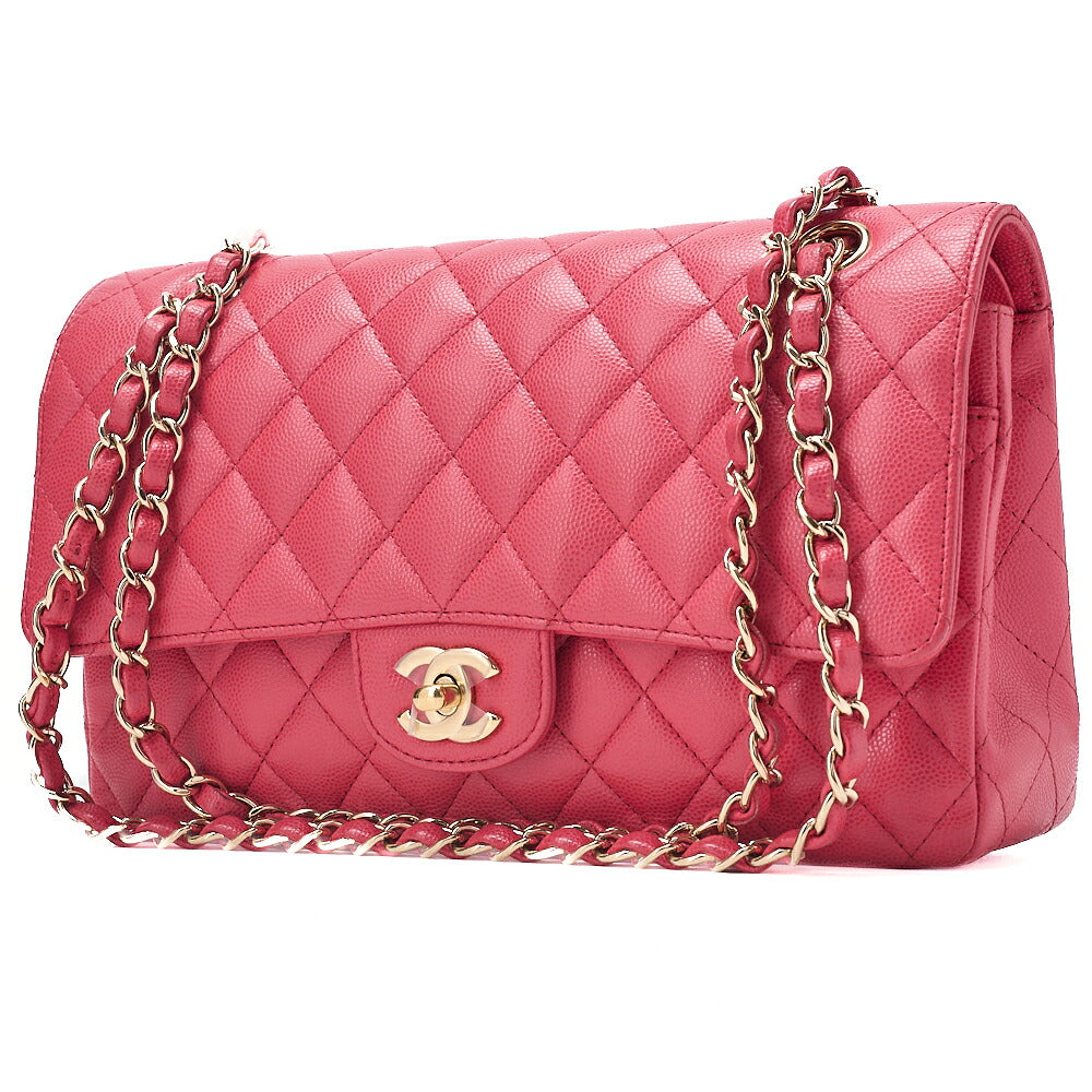 CHANEL Caviar Skin Matelasse Double Flap 25cm Chain Shoulder Pink Gold-Tone Hardware, Pre-Owned