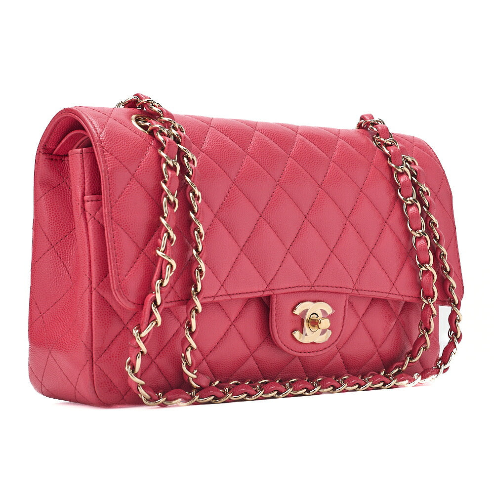 CHANEL Caviar Skin Matelasse Double Flap 25cm Chain Shoulder Pink Gold-Tone Hardware, Pre-Owned
