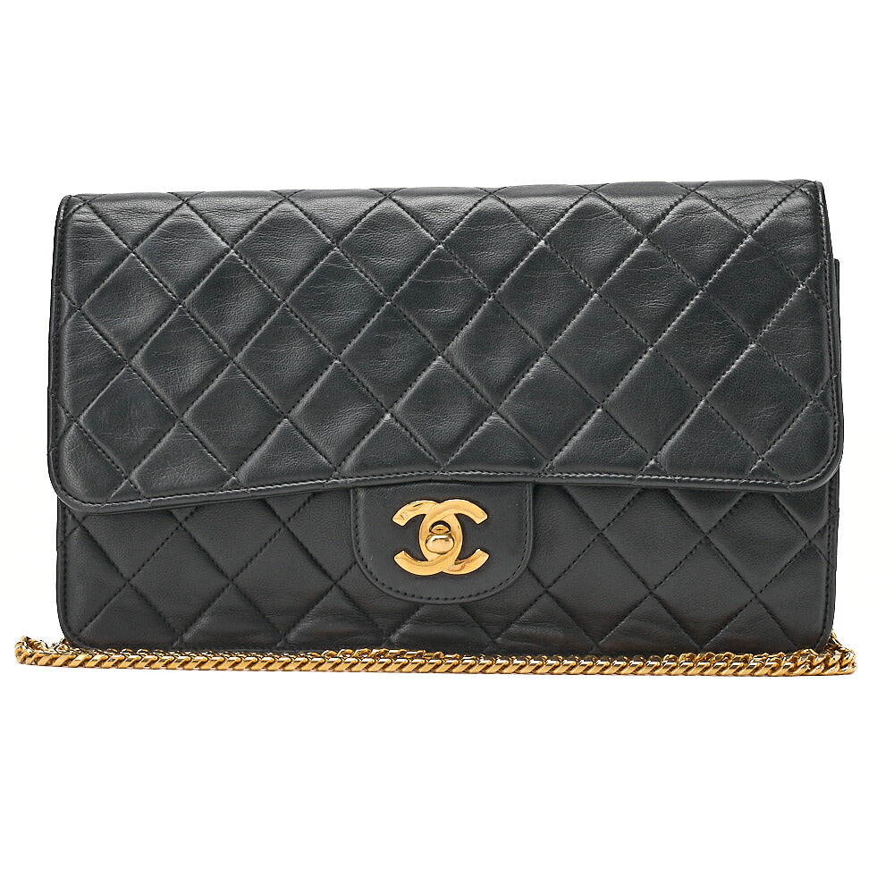 CHANEL Lambskin Matelasse 25cm Single Flap Grain Chain Shoulder Black Gold-Tone Hardware, Pre-Owned